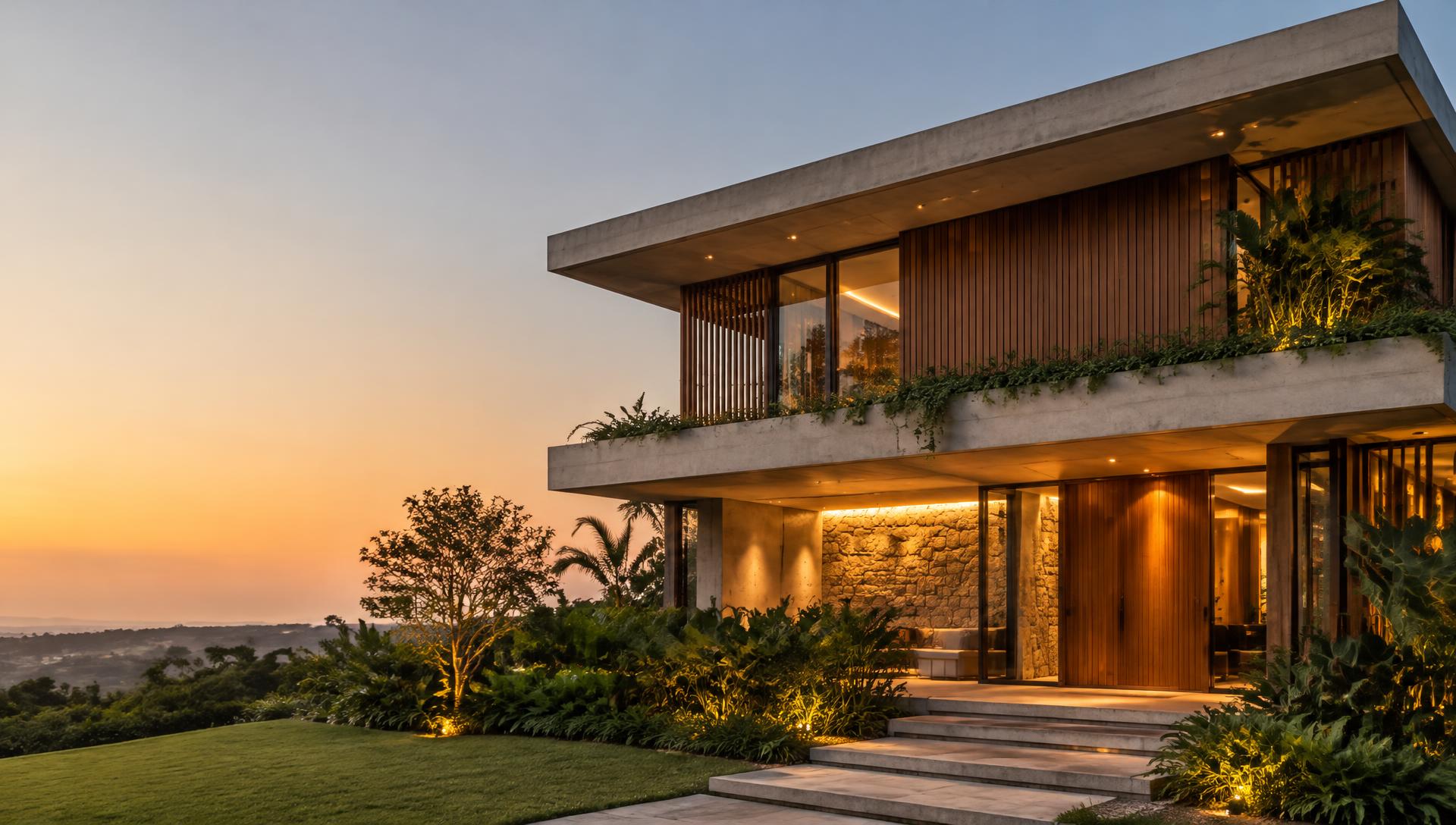 Fachada de casa contemporânea ao entardecer